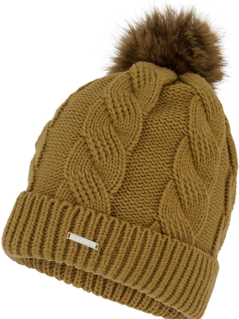 Spyder Cable Knit Pom Beanie with Faux Fur Lining - Taupe